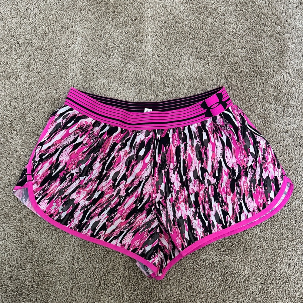 Pink and black design under armor running shorts